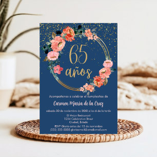 Budget Spanish Gold Blue Pink Floral 65th Birthday Invitation