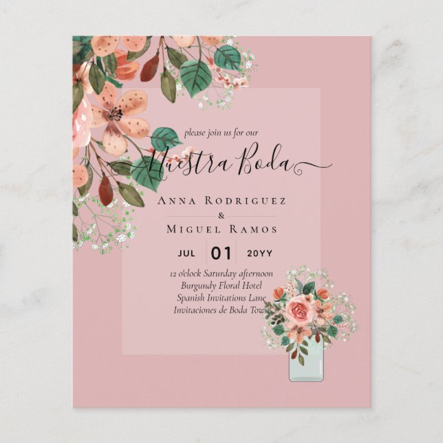 budget Spanish Wedding Invitacions Burgundy Floral Flyer (Front)