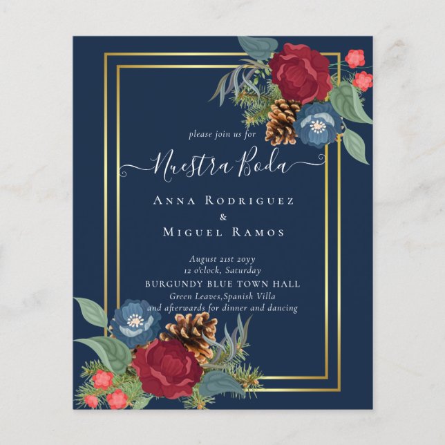 BUDGET Spanish Wedding Nuestra BODA Burgundy Blue Flyer (Front)