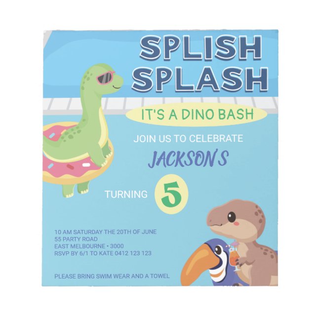 BUDGET Splish Splash Dino Pool Party Birthday Notepad (Front)