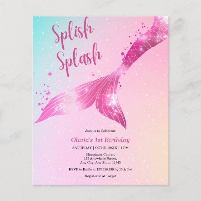 Budget Splish Splash Mermaid 1st Birthday Invite  (Front)