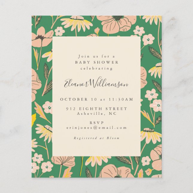 Budget Spring Green Floral Baby Shower Invitation (Front)