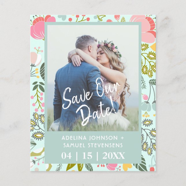 Budget spring wedding floral green photo save date flyer (Front)