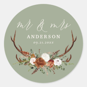 Budget stag rustic botanical wedding sage green classic round sticker