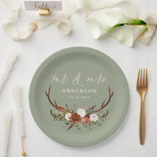 Budget Stag rustic botanical wedding sage green Paper Plate