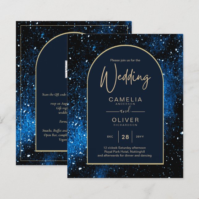 BUDGET Starry Night Navy Blue Gold Wedding INVITE (Front/Back)