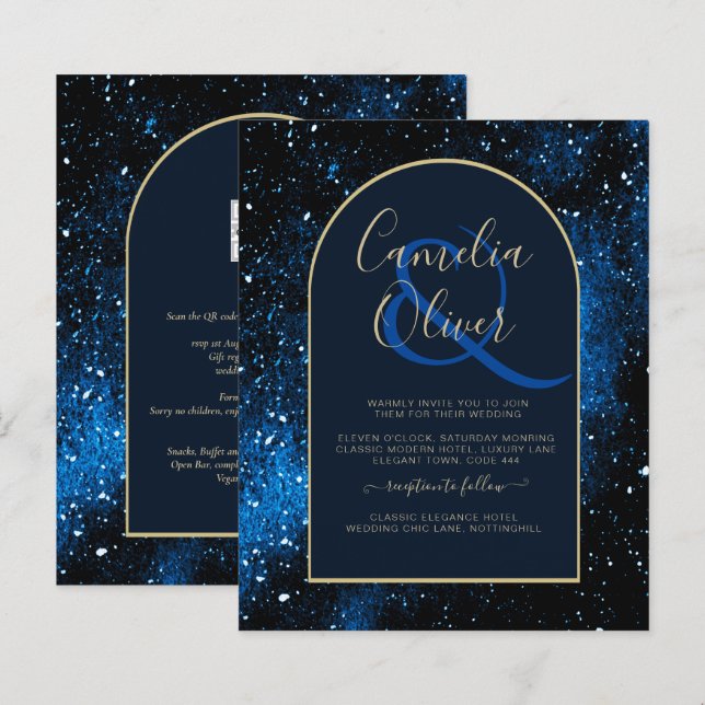 BUDGET Starry Night Navy Blue Gold Wedding INVITE (Front/Back)