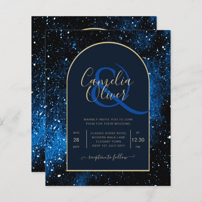 BUDGET Starry Night Navy Blue Gold Wedding INVITE (Front/Back)
