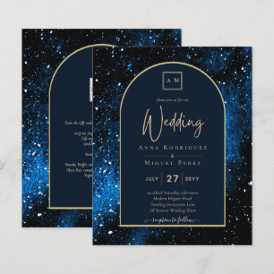 BUDGET Starry Night Navy Blue Gold Wedding INVITE