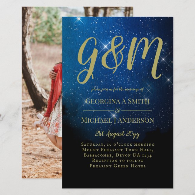 BUDGET Starry Night Navy Gold A9 Wedding Invites (Front/Back)