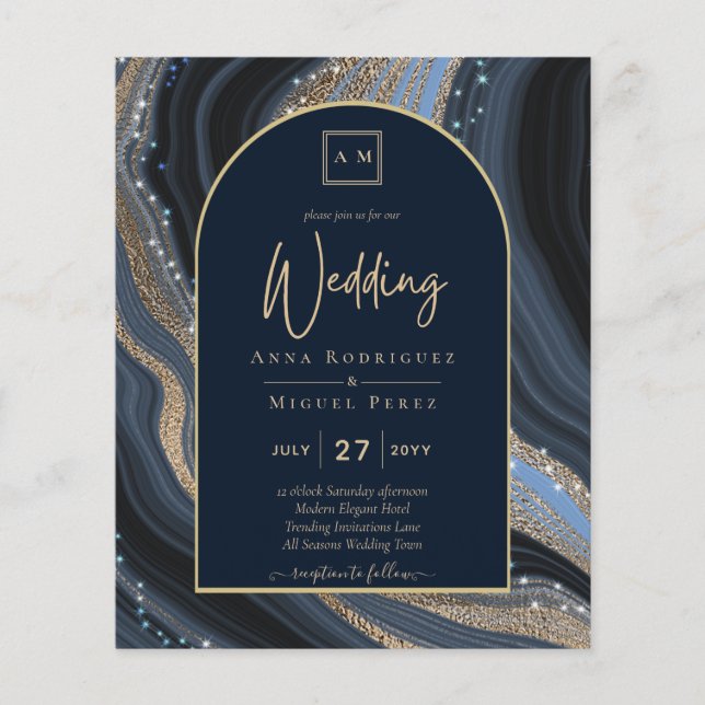 BUDGET Starry Night Navy Gold Agate Wedding INVITE Flyer (Front)