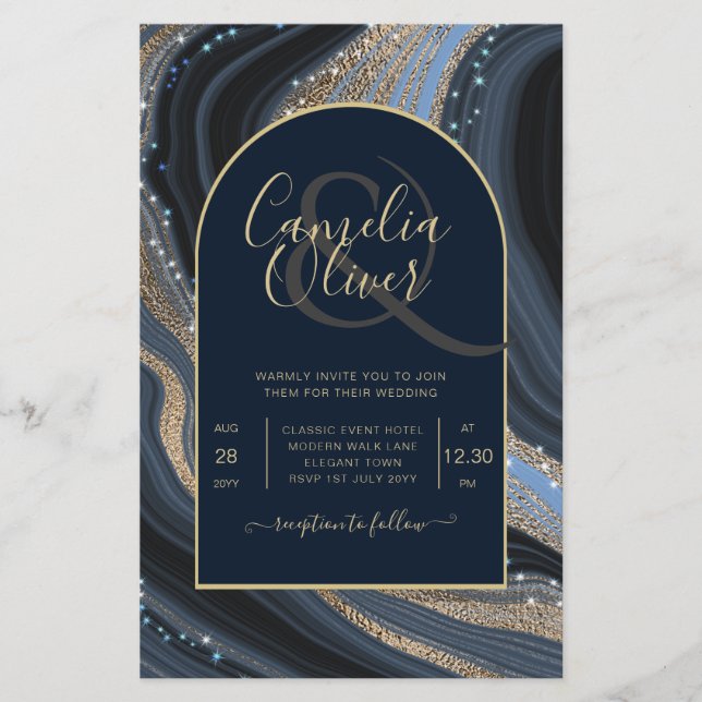 BUDGET Starry Night Navy Gold Agate Wedding INVITE Flyer (Front)