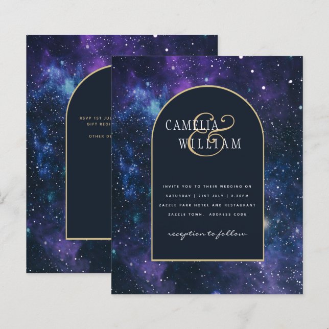 BUDGET Starry Night Purple Blue Wedding INVITE (Front/Back)