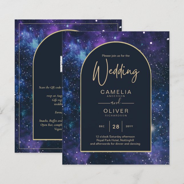 BUDGET Starry Night Purple Blue Wedding INVITE (Front/Back)