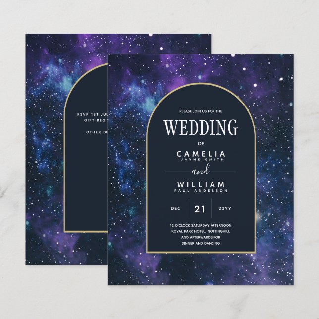 BUDGET Starry Night Purple Blue Wedding INVITE (Front/Back)