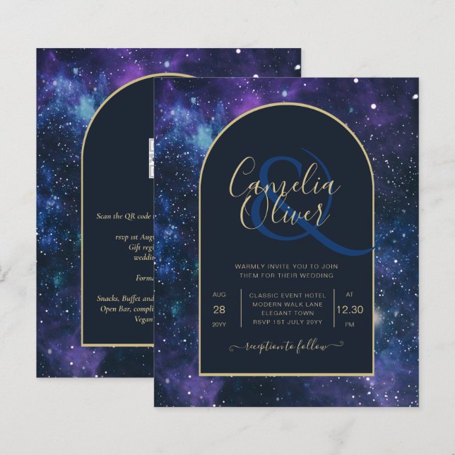BUDGET Starry Night Purple Blue Wedding INVITE (Front/Back)