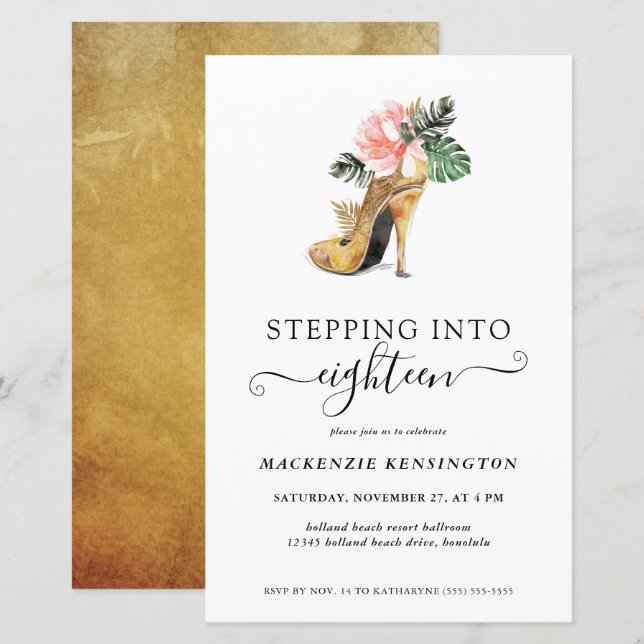 Budget Stepping Into 18 Floral Gold Heels Birthday (Front/Back)