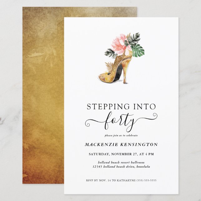 Budget Stepping Into 40 Floral Gold Heels Birthday (Front/Back)