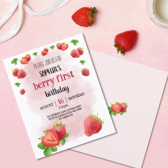 Budget Strawberry 1st Birthday Party Berry Invite (Creator Uploaded)