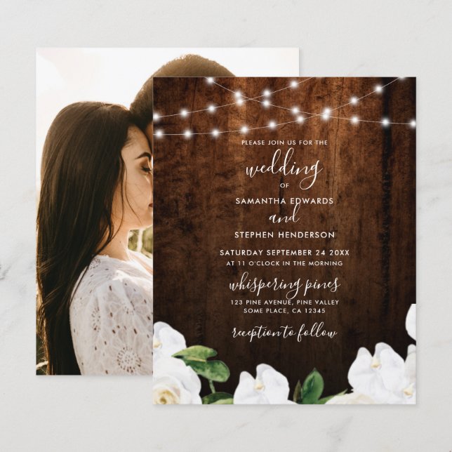 Budget String Light Floral Wood Wedding Invitation (Front/Back)