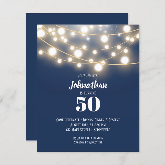 Budget String Lights Birthday Party Invitations (Front/Back)