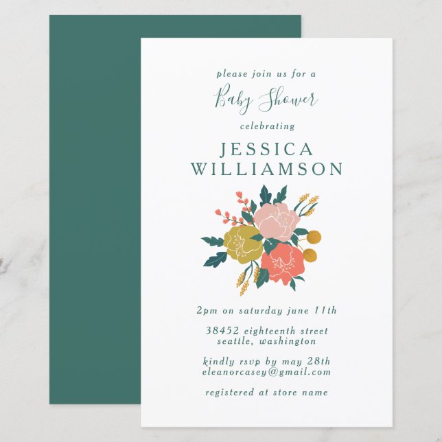 Budget Stylish Green Floral Baby Shower Invitation (Front/Back)