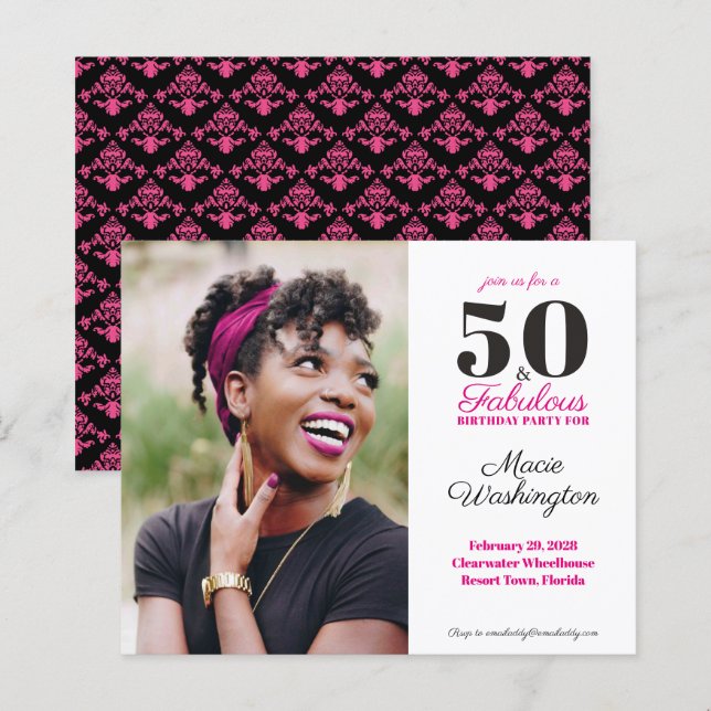 Budget Stylish Hot Pink Black Damask 50th Birthday (Front/Back)