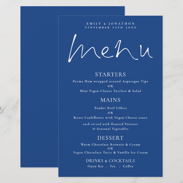 Budget Stylish Script White Blue Wedding Menu (Front/Back)