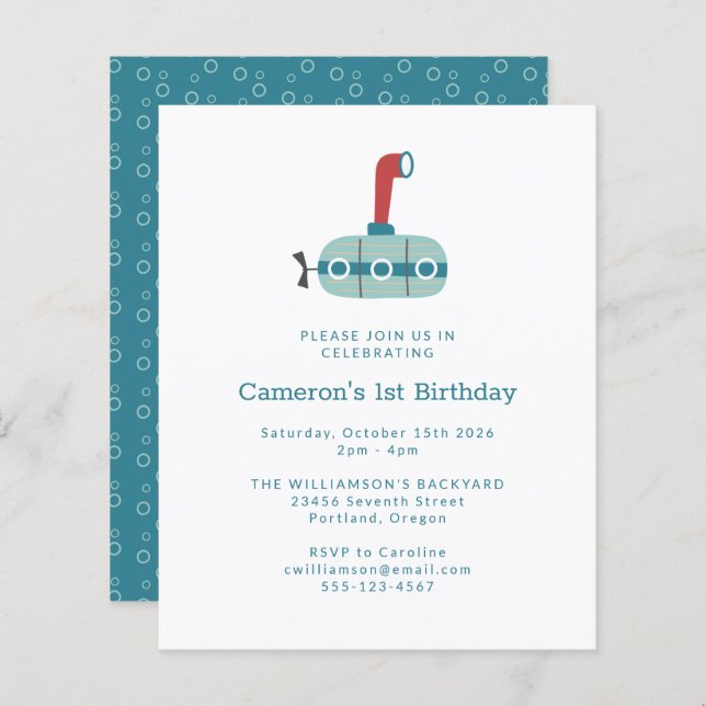 Budget Submarine Simple 1st Birthday Invitation (Front/Back)