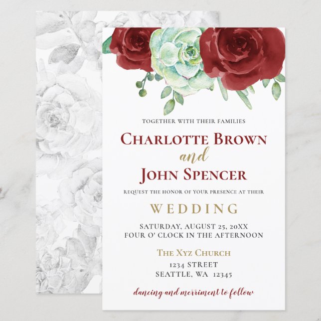 Budget succulent burgundy wedding invitation (Front/Back)