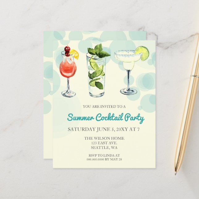 Budget Summer Cocktail Party Invitations (Front/Back In Situ)