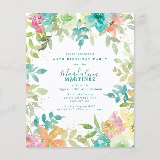 Budget Summer Floral 40th Birthday Invitation (Front)