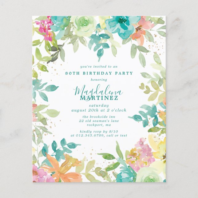 Budget Summer Floral 80th Birthday Invitation (Front)