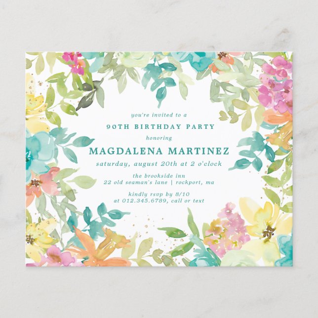 Budget Summer Floral 90th Birthday Invitation (Front)