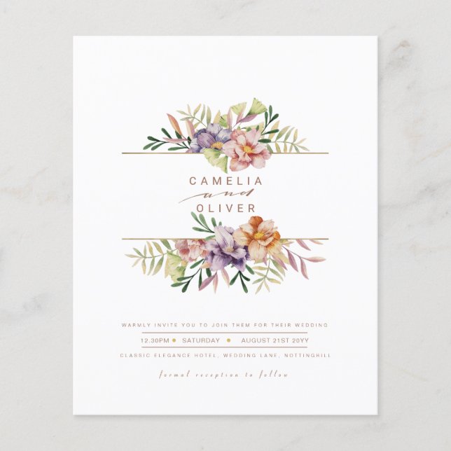 Budget Summer Floral Wedding Invite QR Code RSVP Flyer (Front)