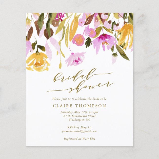 Budget Summer Pink Floral Watercolor Bridal Shower (Front)