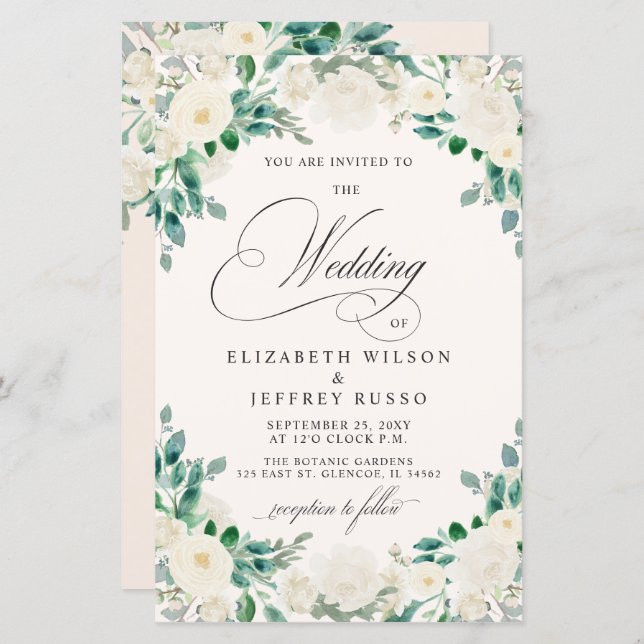 Budget Summer Spring Ivory Floral Wedding Invite (Front/Back)