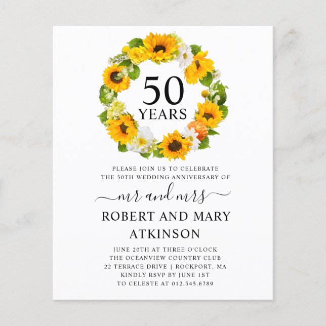 Budget Sunflower 50th Anniversary Invitation (Front)