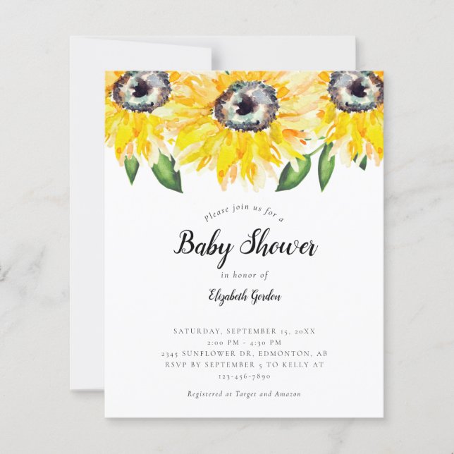 Budget Sunflower Baby Shower Elegant Script Chic (Front)
