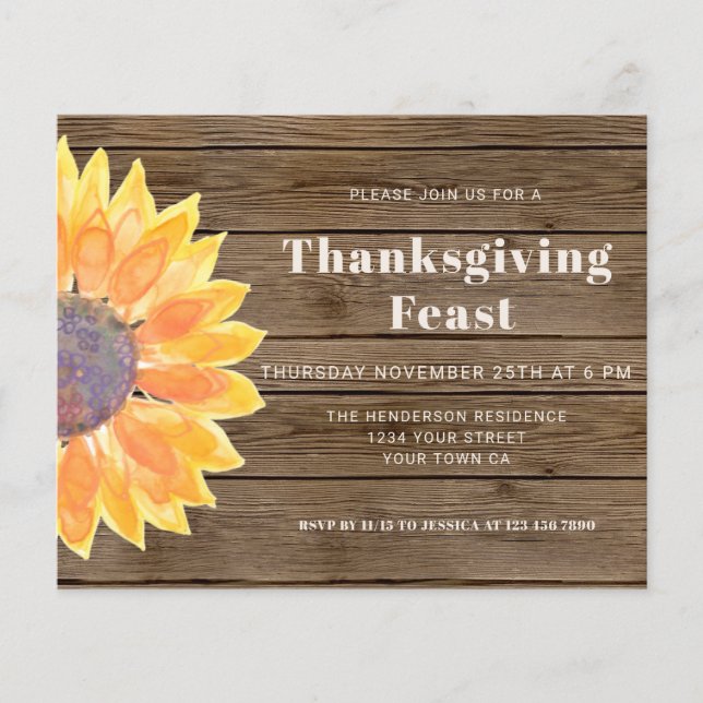 Budget Sunflower Barn Wood Thanksgiving Invitation (Front)