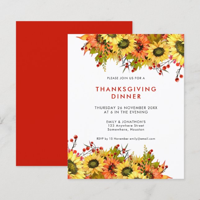 Budget Sunflower Berry Thanksgiving Dinner Invite (Front/Back)