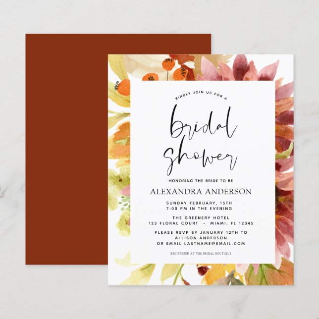 Budget Sunflower Bridal Shower Burgundy Floral (Front/Back)