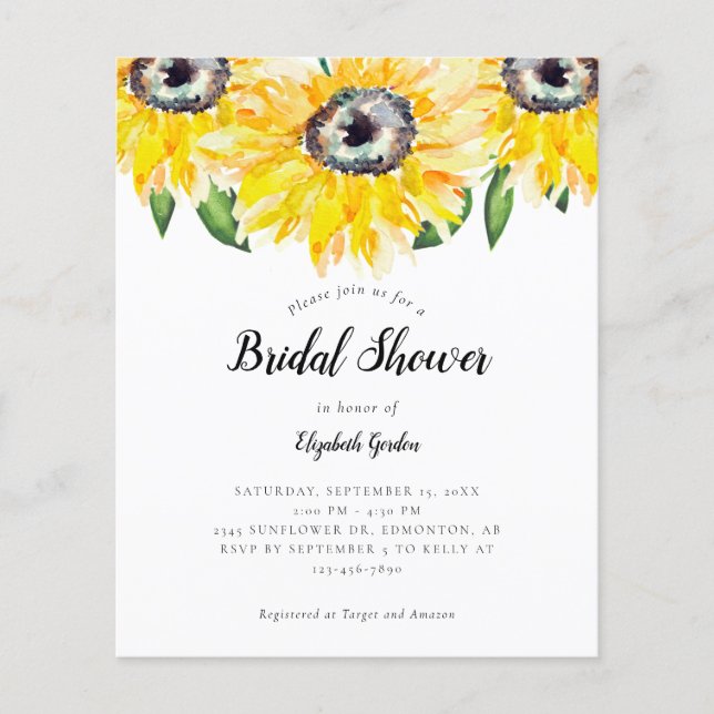 Budget Sunflower Bridal Shower Elegant Watercolor (Front)