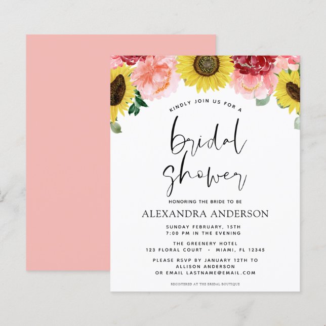 Budget Sunflower Bridal Shower Floral Invitations (Front/Back)