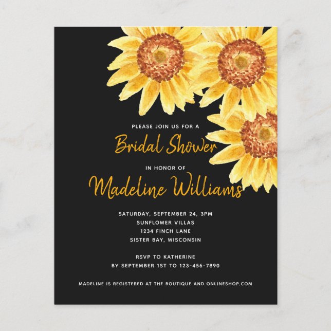 Budget Sunflower Bridal Shower Invitation Black (Front)