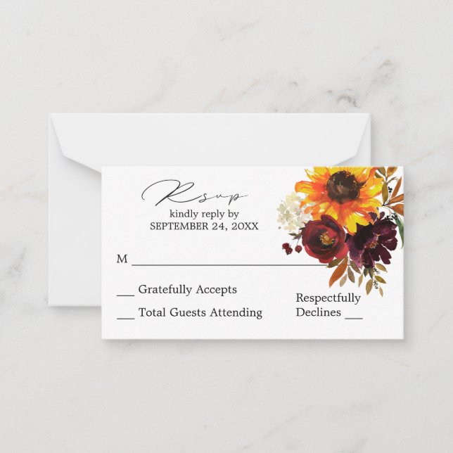 Budget Sunflower & Burgundy Floral SM No Meal RSVP Card (Front)
