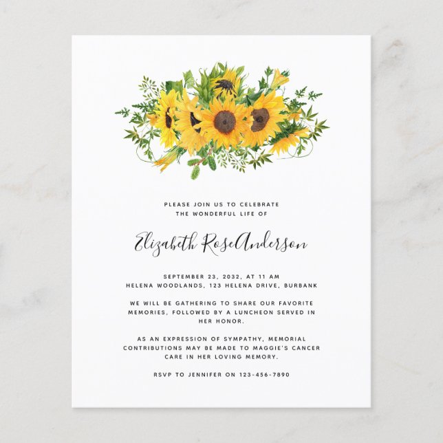 Budget Sunflower Celebration of Life Invitation (Front)