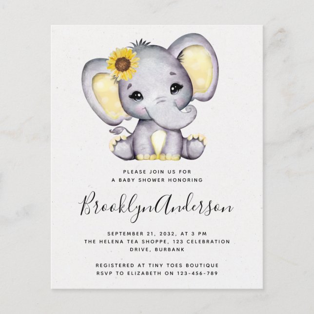 BUDGET Sunflower Elephant Baby Shower Invitation (Front)