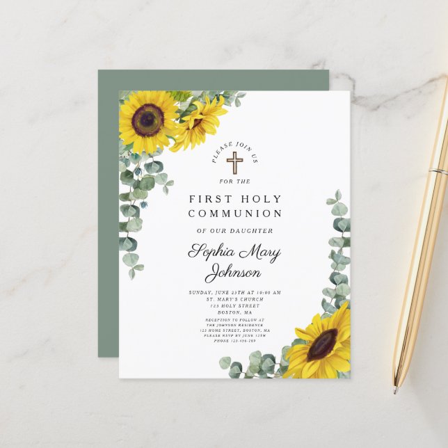 Budget Sunflower Eucalyptus First Communion Invite (Front/Back In Situ)