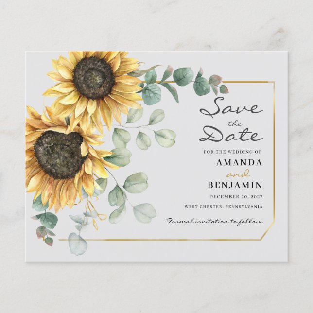 Budget Sunflower Eucalyptus Floral Save The Date (Front)